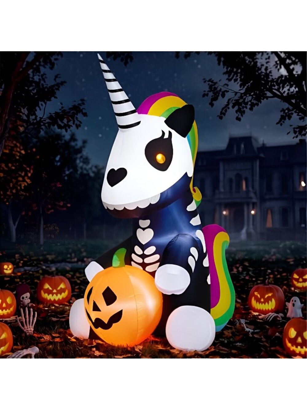 Joiedomi 5 FT Halloween Inflatable Sitting Skeleton Unicorn with LED Lights,